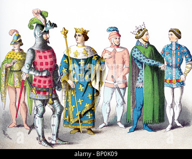 Die Zahlen stehen für Französisch um 1300 n. Chr.. Sie sind (von links nach rechts:) Edelmann, Ritter, König, Edelmann, Prinz, Edelmann. Stockfoto