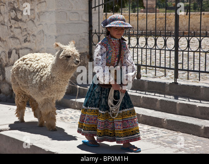 Peru, A Cabana Mädchen führt ihr domestizierte Alpaka vorbei an den Toren der Maca-Kirche, im Colca Tal gelegen. Stockfoto