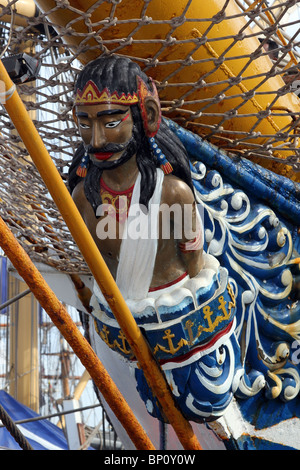 Geschnitzte Holzfigur des indonesischen Großschiffs KRI dewaruci, Barquentin. Seitenprofil der Galionsfigur des mythologischen indonesischen gottes der Wahrheit und des Mutes auf einem großen Schiff. Hartlepool 2010. Tall Ships Race, Village and Marina, Teesside, North Yorkshire, Großbritannien Stockfoto