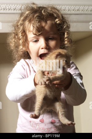 Drei Jahre altes Mädchen schreien vor Freude hält ein Ingwer-Kätzchen Stockfoto