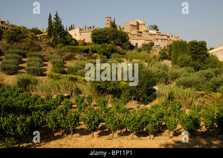 Hügel Dorf von Montouliers mit Reben und Oliven wachsen auf dem Hügel in Herault Abteilung des Languedoc-Roussillon regio Stockfoto