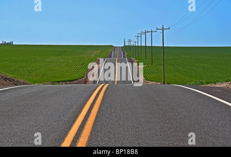 Diese ländliche Foto ist voll auf die konzeptionellen Ideen, langen, leeren Autobahn mit Dips, Höhen und Tiefen, durch grüne Feld Eastern Washington USA Stockfoto