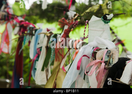 Bänder, Tuch und Geschenke hängen von den Zweigen eines Baumes am gut Heiligen Schrein für Saint Brigid von Kildare. Stockfoto