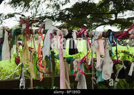 Bänder, Tuch und Geschenke hängen von den Zweigen eines Baumes am gut Heiligen Schrein für Saint Brigid von Kildare. Stockfoto