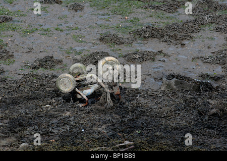 Verlassene Dreirad in einem Fluss bei Sandstraenden Stockfoto