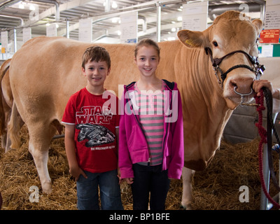 Kinder mit Blonde d ' Aquitaine Kuh, Highland Show, Edinburgh Stockfoto