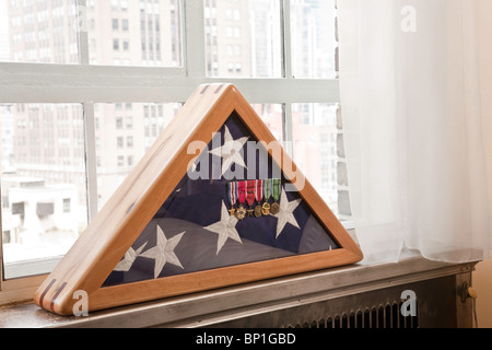 "Veteran's Folded Flag in Case with WW2 Medals" Stockfoto