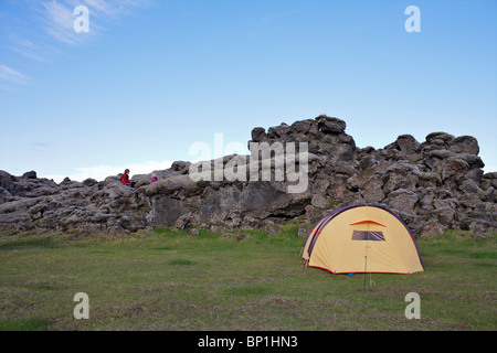 Bláfell Campingplatz im Hochland von Island. Laki Krater, Lakagígar, Vatnajökull-Nationalpark Stockfoto