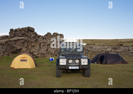 Bláfell Campingplatz im Hochland von Island. Laki Krater, Lakagígar, Vatnajökull-Nationalpark Stockfoto