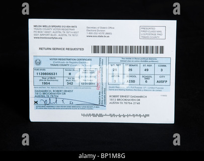 Wähler Registrierungskarte für Travis County, Texas für Robert Dämmrich. Model Release "OK". Stockfoto