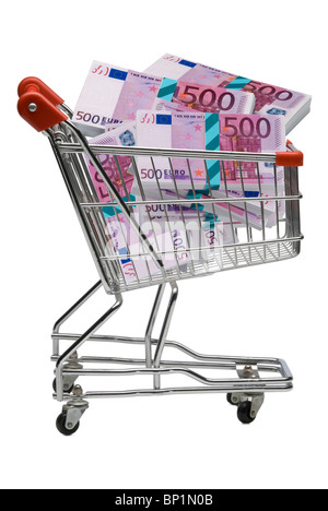 500 Euro Scheine in einem Einkaufswagen Stockfoto