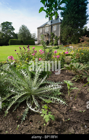 Harmonie-Gärten, Melrose, Scottish Borders - ornamentalen Blumenbeet und Harmony House Stockfoto