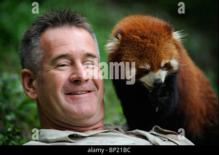 Tierwelt-Moderatorin Nigel Marven posiert mit ein roter Panda auf der Chengdu Panda Base in Sichuan, China. 25. Juli 2010 Stockfoto