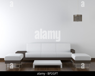 Interior Design der modernen weißen und braunen Wohnzimmermöbel gegen weiße Wand eine hängende Lampe mit vielen Textfreiraum Stockfoto