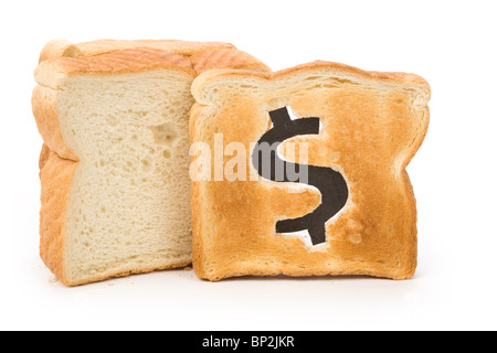 Brot Scheibe mit Dollarzeichen, Konzept Höchstkurs von Essen oder Essen für Unternehmen Stockfoto