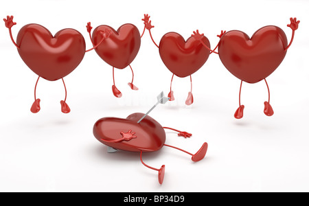 4 glückliche Herzen springen um ein weiteres ein auf dem Boden liegend von Amor Pfeil durchbohrt. Cliping Weg zur genauen Isolierung Stockfoto