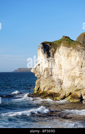 Das Riesen Kopf Kalkstein Felsen Wahrzeichen auf den weißen Felsen in der Nähe von Portrush, Nordirland. Blick nach Osten zum Giants Causeway Stockfoto