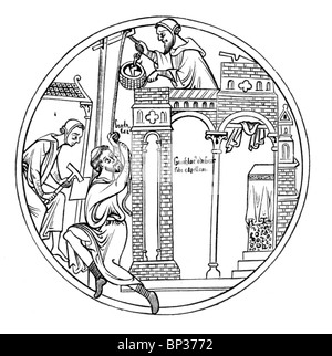 Schwarz und weiß-Abbildung; Szene aus der Guthlac-Roll; 12. Jahrhundert; Das Leben der Guthlac; Guthlac Gebäude seine Redekunst Stockfoto