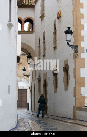 Wände des Palau de Maricel mit Bogen oben und schmiedeeiserne Lampen und eine Fußgängerzone in der Carrer d ' en Bosc in Sitges Stockfoto