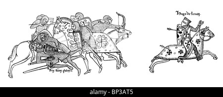 Philipp II., König von Frankreich, ist in der Schlacht von Bouvines unbepferdet, während Hugh de Boves das Feld flüchtet. Schwarzweiß-Illustration. Stockfoto