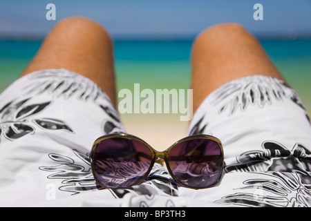 Blick auf Amadores Strand im Süden von Gran Canaria aus ein Sonnenanbeter Perspektive Stockfoto