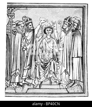 Schwarz und weiß-Abbildung; Krönung und Salbung des Königs; 13. Jahrhundert; Quelle; MS Cambridge University Library Ee Iii 59. Stockfoto