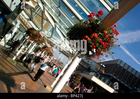 Großbritannien, England, Cheshire, Stockport, Merseyway Shopping Precinct, floral-Einhängekörbe Stockfoto
