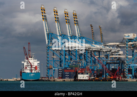 Internationalen Handel durch den Seeverkehr. Frachtschiff am Malta Freeport Containerhafen. Versand, die wirtschaftliche Entwicklung und das BIP-Wachstum. Stockfoto