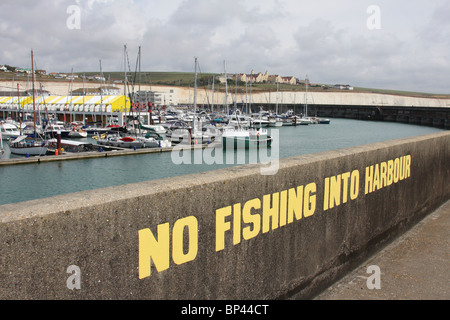 Ein "No Fishing" Schild an der Hafenmauer in Brighton, England, Vereinigtes Königreich Stockfoto