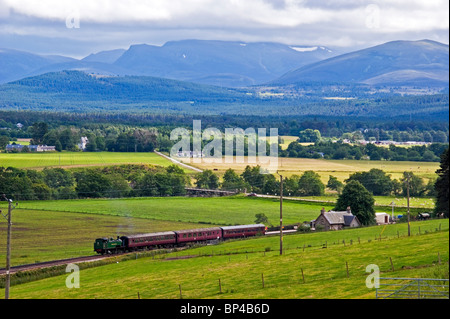 Strathspey Railway Heritage Zug gezogen von Tank Dampfmaschine Braeriach kommt bei Broomhill Station südlich von Grantown auf Spey Stockfoto