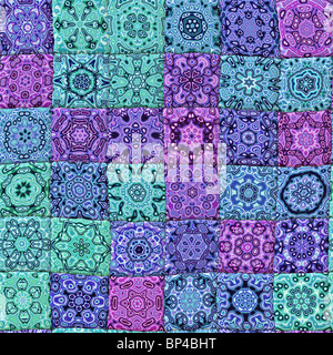 Ein Beispiel für eine Hand gearbeiteten Quilt aus gemusterten Quadrate, nahtlos Kacheln hergestellt Stockfoto