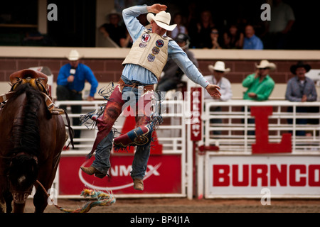 Chet Johnson von Gillette, Wyoming springen klar nach ein 85,50 Punkt in die Qualifikation Runde in Calgary Stampede Rodeo. Stockfoto