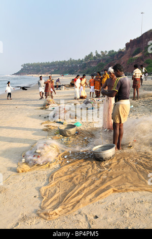 Fisch auf verkauft direkt vom Strand in den frühen Morgenstunden in Varkala Town, Kerala, Indien Stockfoto