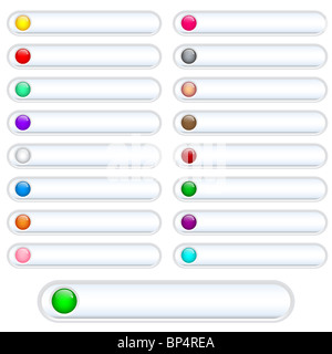 Web-Schaltflächen, weiß und glänzend mit hellen sortierten farbigen runden glänzenden Einsätzen. Skalierbare. Isoliert auf weiss. Stockfoto