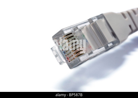 RJ45-Stecker des UTP Kabel Closeup auf weißem Hintergrund. Stockfoto