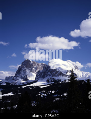 Langkofel Langkofel und Sasso Piatto Plattkofels Sasplat oberhalb der Alpe Di Seis Seiser Alm Val Gardena-Dolomiten-Italien Stockfoto