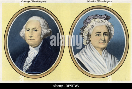 George Washington und seine Frau Martha Porträts auf 30er Jahre Postkarte Stockfoto