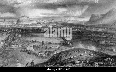 Gravur von Edinburgh Castle und Stadt von Blackford betrachtet. Stockfoto