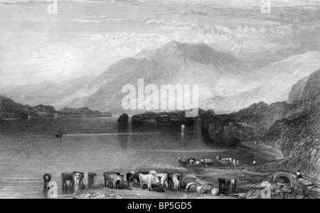 Gravur von Skiddaw Berg mit See und Vieh im Vordergrund, Nationalpark Lake District, England, Stockfoto