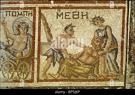 SEPPHORIS - DETAIL EINES MOZAIC BODENS AUS EINER SPÄTEN RÖMISCHEN (5.. C. N. CHR.) HAUS MIT MYTHOLOGISCHEN SZENEN, BILD: HERAKLES BETRUNKEN Stockfoto