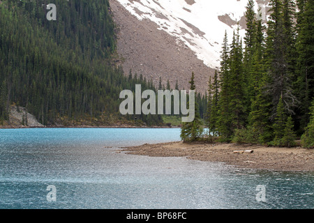 Blaue grüne Berg Gletschersee mit Wald und Schnee. Stockfoto