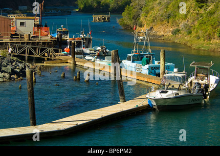 Angelboote/Fischerboote angedockt im Fluss Albion, Mendocino County, Kalifornien Stockfoto