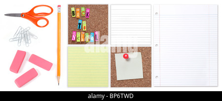 Zurück zu Schüler und Büromaterial auf weißem Hintergrund Stockfoto