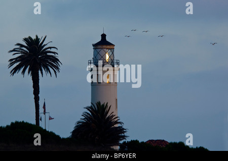 Vögel fliegen vorbei Vicente Leuchtturm in Abend, Point Vicente, Halbinsel Palos Verdes, Kalifornien Stockfoto