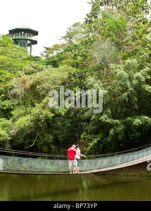 Zwei Touristen zu Fuß auf der Hängebrücke in The Rainforest Discovery Centre Sandakan Sabah Borneo Malaysia Stockfoto