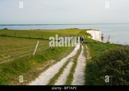 Gruppe der Wanderer auf dem Küstenpfad in der Nähe von Old Harry Rocks in der Nähe von Swanage auf der Isle of Purbeck, Dorset, Großbritannien Stockfoto