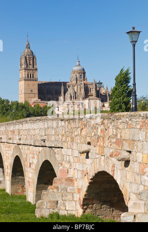 Salamanca, Provinz Salamanca, Spanien. Kathedrale gesehen über römische Brücke über den Fluss Tormes. Stockfoto