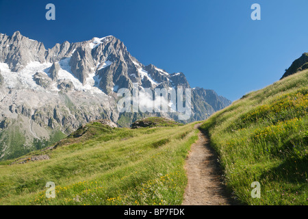 kleiner Weg in italienischen Alpen im Sommer. Auf dem Hintergrund Les Grandes Jorasses Berg (Mont-Blanc-Massiv) Stockfoto