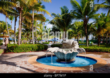 Eine dekorative Schale Wasser-Brunnen in den tropischen Garten im Hyatt Dorado Resort in der Nähe von San Juan, Puerto Rico. Stockfoto