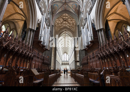 Seitenschiff der Kathedrale von Salisbury vom Altar an der Rückseite. Der Priester-Blick auf den Dom. Stockfoto